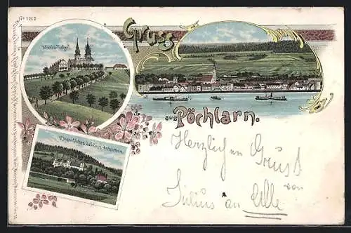 Lithographie Pöchlarn, Maria-Taferl, Kaiserliches Schloss Artstetten, Panorama mit Dampfern