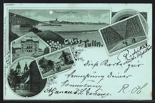 Mondschein-Lithographie Tulln, Totalansicht mit Brücke, St. Pöltnerthor, Innenansicht der Brücke