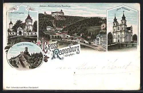 Lithographie Rosenburg i. Kampthal, Hotel Rosenburg, Wallfahrtskirche Maria Dreieichen, Schloss, Ruine Schauenstein