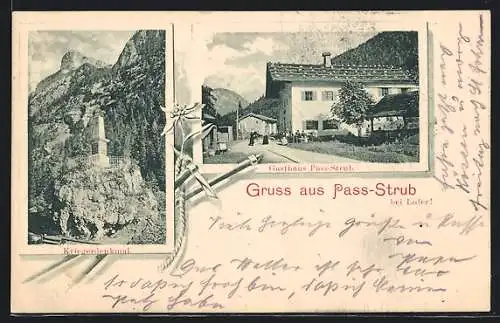 AK Pass Strub /Lofer, Gasthaus Pass-Strub mit Strasse, Kriegerdenkmal