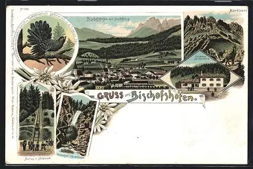 Lithographie Bischofshofen, Ortsansicht mit Hochkönig, Gasthaus Mitterberg, Auerhahn, Wasserfall