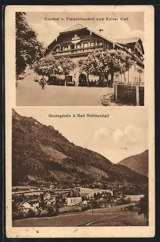 AK Grossgmain b. Bad Reichenhall, Gasthof und Fleischhauerei zum Kaiser Karl, Ortspartie mit Kirche