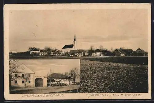 AK Neuhofen bei Ried, Gasthaus Zweimüller, Ortspartie mit Kirche