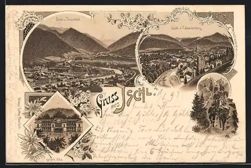 Lithographie Ischl, Teilansicht vom Calvarienberg aus, Teilansicht und Traunthal, Kaiserliche Villa