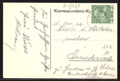 AK Ostermiething, Lothallers Handlung, Kaiser Franz Josef-Monument, Totalansicht