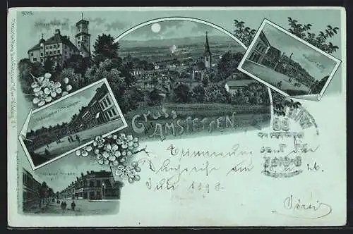 Mondschein-Lithographie Amstetten, Schloss Wallse, Hauptplatz, Wiener Strasse