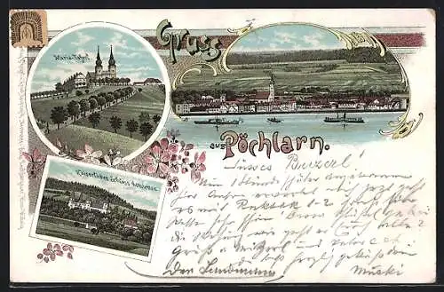 Lithographie Pöchlarn, Maria Taferl, Kaiserliches Schloss Artstetten, Uferpartie mit Kirche