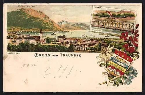 Lithographie Gmunden, Ansicht vom Kurhaus, Ortsansicht gegen Traunstein, Wappen