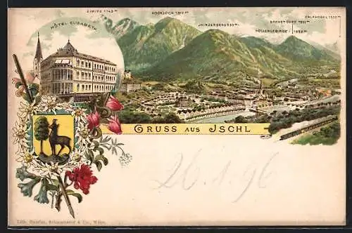 Lithographie Ischl, Ansicht vom Kurhaus, Panoramablick auf Ort und Gebirge