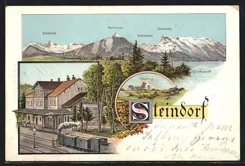 Lithographie Strasswalchen, Steindorf, Bahnhof mit Eisenbahn, Totalansicht mit Berglandschaft