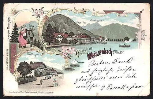Lithographie Weissenbach a. Attersee, Hotel Post mit Schafberg, Wolterhaus, Bergsteier mit Fernglas