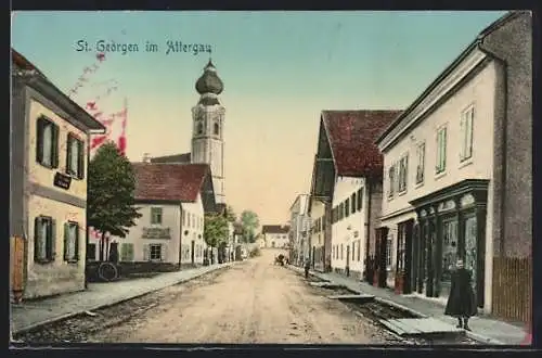 AK St. Georgen im Attergau, Strassenpartie mit Geschäften