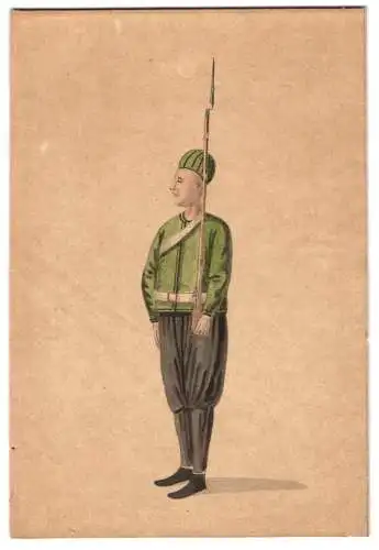 Handzeichnung Türkischer / Osmanischer Soldat in grüner Uniform mit geschultertem Gewehr