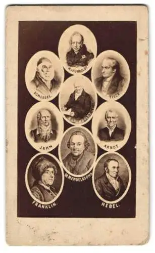 Fotografie unbekannter Fotograf und Ort, Alexander v. Humboldt, Wilhelm v. Humboldt, Tieck, Hebel, Arndt, Jahn, Franklin