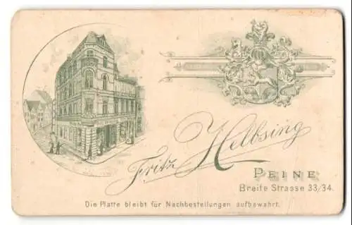 Fotografie Fritz Helbsing, Peine, Breite Str. 33 /34, Blick auf das Ateliersgebäude nebst Wappen