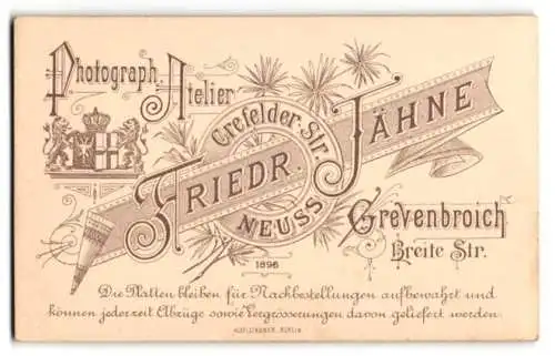 Fotografie Friedr. Jähne, Grevenbroich, Breite Str., königliches Wappen nebst Anschriften der Ateliers