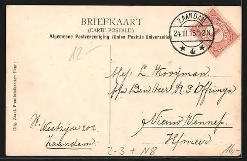 AK Zaandam, Westzijde b. d. Stationsstraat, Nederlandsche Posterijen, Binnenlandsche Postwissel, Postbote mit Brief