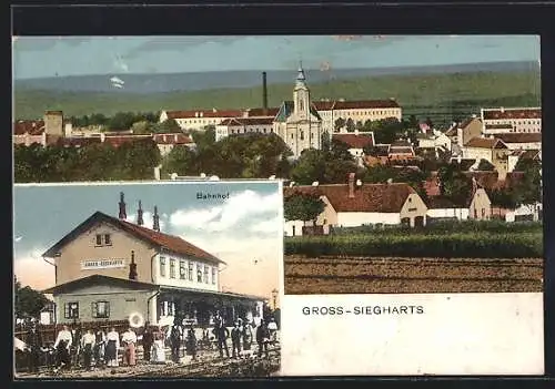 AK Gross-Siegharts, Am Bahnhof, Ortsansicht mit Kirche