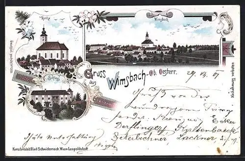 Lithographie Wimsbach /Ob.-Oesterr., Schloss, Kirche, Totalansicht