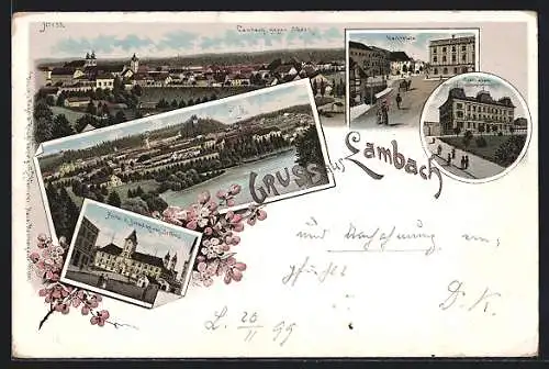 Lithographie Lambach, Sparkasse, Marktplatz, Portal d. Benediktiner Stiftes