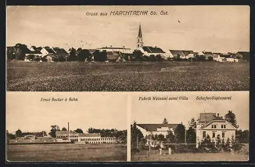 AK Marchtrenk, Ortsansicht, Fabrik Ernst Becker & Sohn, Fabrik Weinsiel mit Villa, Schafwollspinnerei