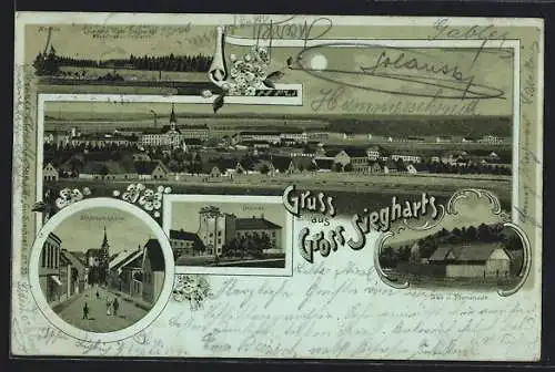 Mondschein-Lithographie Gross Siegharts, Strassenpartie in der Schlossergasse, Schloss, Localbahn