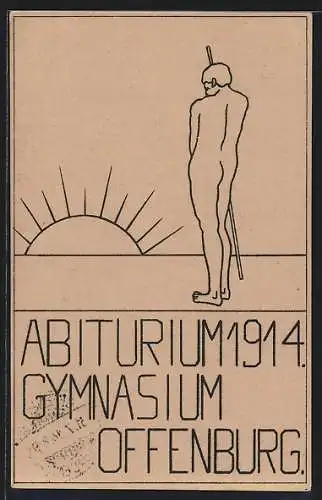 Künstler-AK Offenburg, Absolvia Abiturium 1914, nackter Student im Sonnenaufgang
