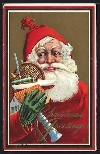 Präge-AK Weihnachtsmann mit Geschenken, kleines Haus, Tennisschläger