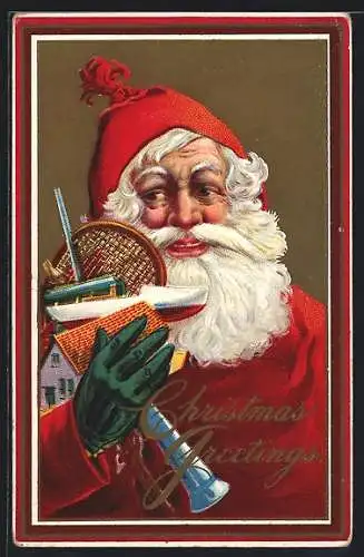Künstler-AK Weihnachtsmann mit Spielzeug, Boot, Haus, Tennisschläger