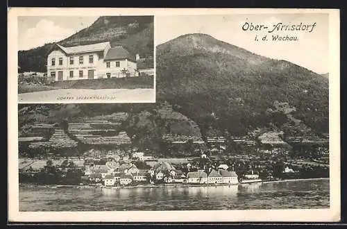 AK Ober-Arnsdorf in der Wachau, Gasthof von Johann Gruber, Panorama des Ortes