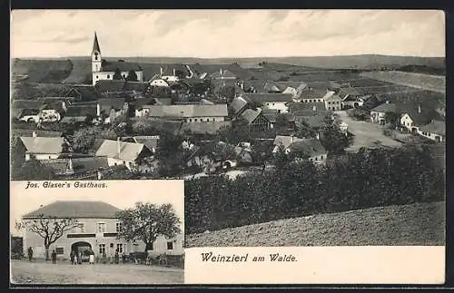 AK Weinzierl am Walde, Jos. Glasers Gasthaus, Ortsansicht aus der Vogelschau