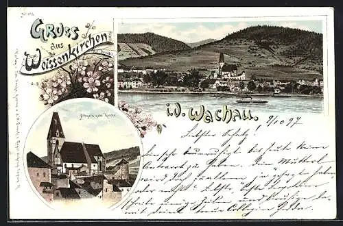 Lithographie Weissenkirchen i. d. Wachau, Ortspartie mit altgotischer Kirche, Ortspanorama mit Fluss und Bergen