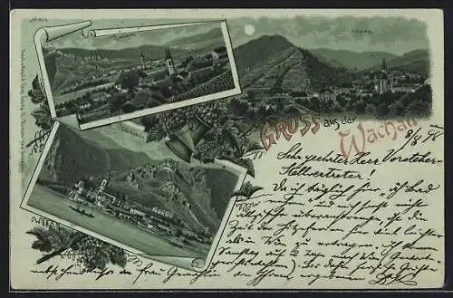 Mondschein-Lithographie Dürnstein /Wachau, Ortsansicht mit Gebirgsblick, Ortsansichten Rossatz und Spitz