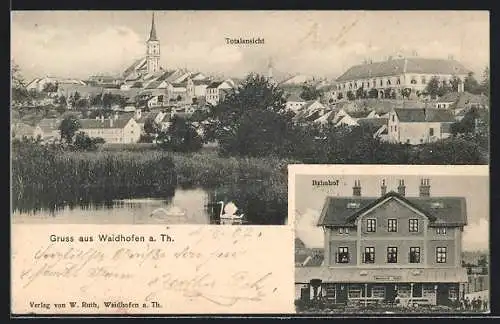 AK Waidhofen a. Th., Bahnhof, Totalansicht mit Gewässer