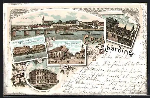 Lithographie Schärding, Teilansicht, Oberer Stadtplatz, Neues Schulhaus