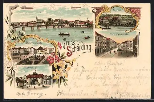 Lithographie Schärding, Oberer und unterer Stadtplatz, Linzerthor, Panorama mit Brücke