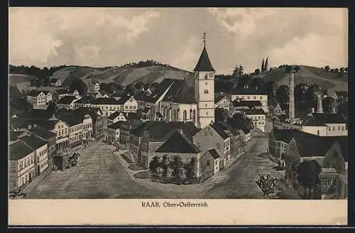 Künstler-AK Raab /Ober-Oesterreich, Ortsansicht mit Strassen und Kirche aus der Vogelschau