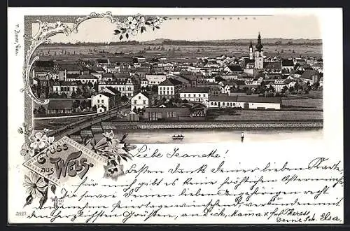 Lithographie Wels, Gesamtansicht mit Brücke aus der Vogelschau