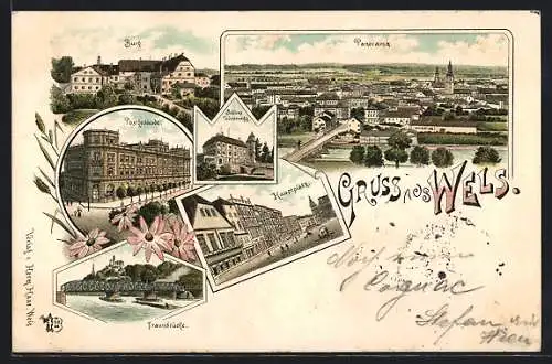 Lithographie Wels, Hauptplatz, Burg, Traunbrücke, Panorama