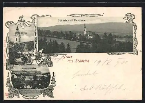 AK Scharten, Unterscharten, Kirche, Scharten mit Panorama