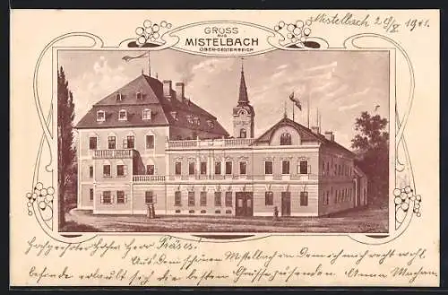 AK Mistelbach /Ober-Österr., Grosses Gebäude mit Turmblick