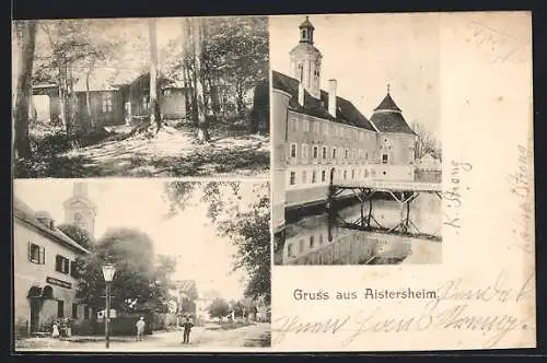 AK Aistersheim, Strassenpartie mit Geschäftshaus, Brücke und Turmgebäude, Ortspartie