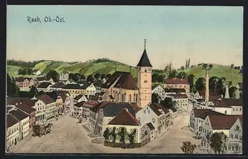 Künstler-AK Raab /Ob. Öst., Ortsansicht mit Strassen und Kirche, von oben gesehen