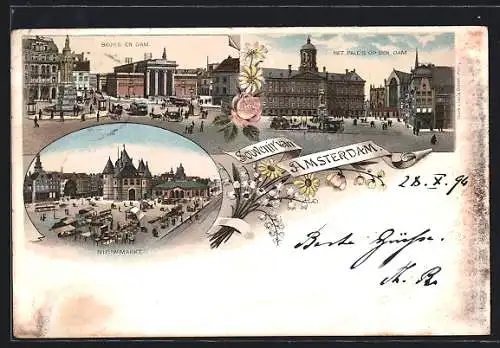 Vorläufer-Lithographie Amsterdam, 1895, Beurs en Dam, Nieuwmarkt, Het Paleis op den Dam