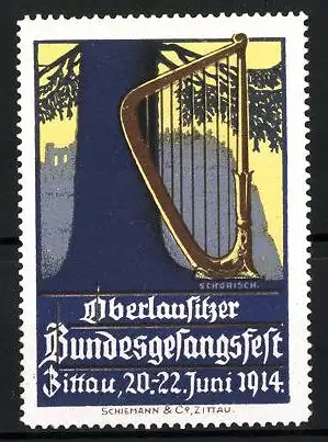 Künstler-Reklamemarke Schorisch, Zittau, Oberlausitzer Bundesgesangsfest 1914, Harfe und Baum