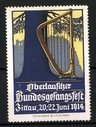 Künstler-Reklamemarke Schorisch, Zittau, Oberlausitzer Bundesgesangsfest 1914, Harfe und Baum