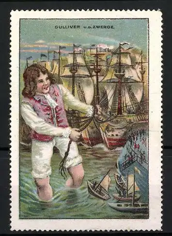 Reklamemarke Gulliver's Reisen, Gulliver u. d. Zwerge, Szene