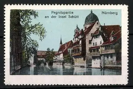 Reklamemarke Nürnberg, Pegnitzpartie an der Insel Schütt mit Synagoge