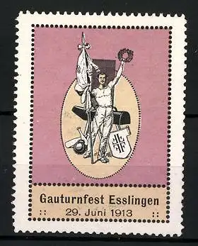 Reklamemarke Esslingen, Gauturnfest 1913, Sportler mit Flagge und Siegerkranz