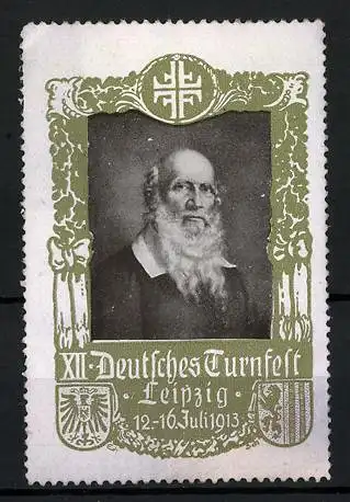 Reklamemarke Leipzig, XII. Deutsches Turnfest 1913, Turnvater Jahn, Wappen